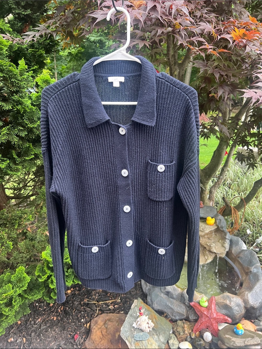 J. Jill Navy Knit Top with Lime Stitch Detail